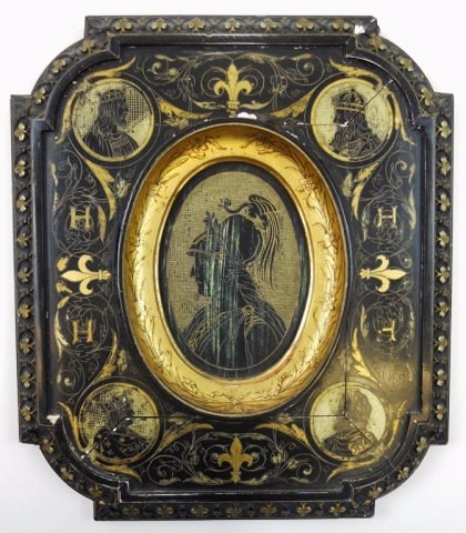 Antique Ebonized Wood Plaque: Antique carved ebonized wood and gesso plaque with gilt accents depicts four royal profiles at corners, fleur-de-lis and "H" monogram at sides surrounding an inset carved profile of a soldier wearing 