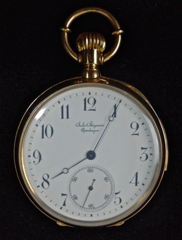 18K Minute Repeat Pocket Watch, Jules Jurgensen: Stem wind open face minute repeat pocket watch in 18K Gold case. White porcelain face signed "Jules Jurgensen Copenhagen" with radial Arabic numeral dial with inset secondary dial. Blued brequet hour 