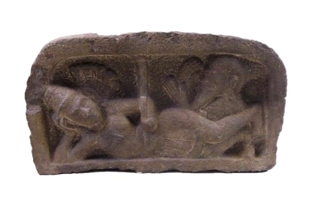 Carved Stone Temple Frieze, Khmer Empire: Cambodian carved stone Buddhist temple architectural artifact dating from the 12th to 15th century, Khmer Empire, depicts two figures carved in bas-relief. 9.25"H x 16"W x 2.5"D.