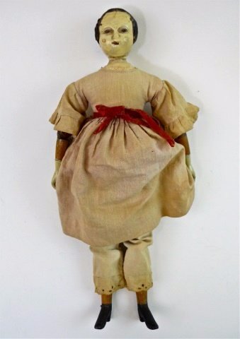 19th C. Wooden Doll, JOEL ELLIS, Springfield, VT: Rock maple wooden doll, Joel Ellis, Springfield, VT- circa 1870's. Mortise and tenon joints, painted iron hands and black iron feet. Hand stitched linen dress, petticoat and pantalones with snap closu