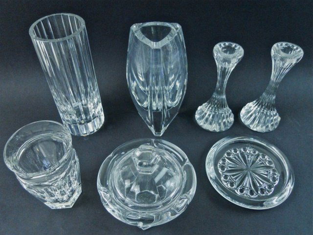 Vintage French Crystal Collection, Baccarat (7pc): Three crystal vases, one covered jar, two candlesticks and one trivet. All seven pieces signed on base, "BACCARAT FRANCE".
