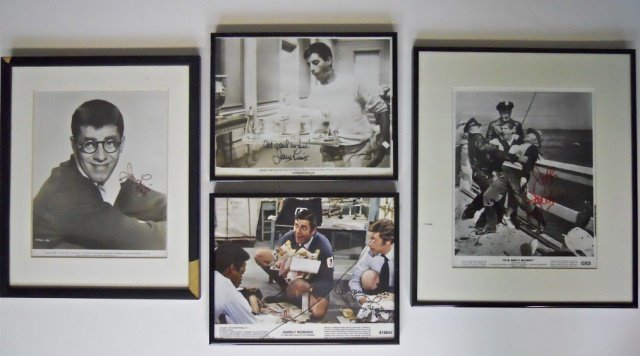 Jerry Lewis Autographed Lobby Cards, Photo (4pc): Three autographed lobby cards, "It's Only Money", "Hardly Working", "Cinderfella", and a 1952 Wallace Productions black and white photograph. Framed under glass. Glass is cracked on one item. Largest 