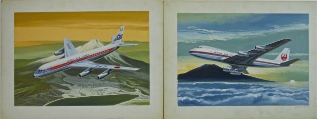 Two Aviation Paintings, WARREN BEACH (1914-99): Two 1970's paintings, acrylic on artist board. One Japan Air Lines DC-8 in flight with Mount Fuji in background. Signed lower right corner margin in pencil, "Warren Beach". One Japan Airlines Boeing 7