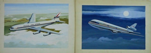 Two Aviation Paintings, WARREN BEACH (1914-99): Two 1970's paintings, acrylic on artist board. One Delta Airlines DC-8 in flight over farmland. Signed lower margin "Warren Beach". One American Airlines Boeing DC-10 in flight at night with clouds an