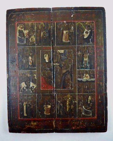 19th C. Russian Icon of The Great Feasts: Egg tempera and gesso on two wood panels joined by two battens. Imagery depicts thirteen feasts of the Orthodox Church. Areas of paint loss and early repainted surfaces. A paper label is affixed to re