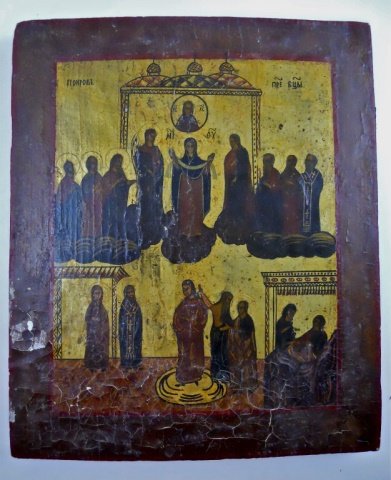 19th C. Russian Icon, Pokrov Orthodox Holiday: Egg tempera and gesso with gold leaf on wood panel depicts Russian Orthodox "Pokrov" or "Protection of the Mother of God" imagery. Area of loss at left margin. Scattered cracquelure. Measures 14" H x 