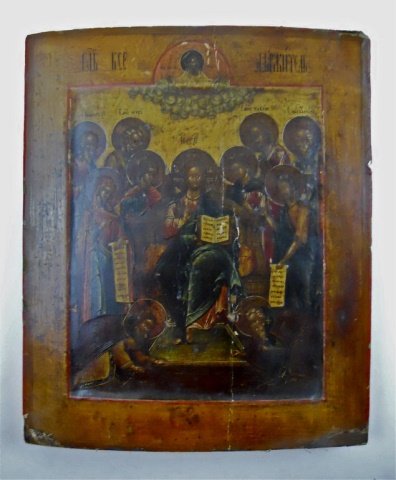19th C. Russian Icon, Christ and Apostles: Egg tempera and gesso on wood panel depicts a enthroned Christ flanked by apostles. Indiscernible penciled script, likely Russian, is seen on reverse. Scattered areas of loss with age tone. Wood is wa