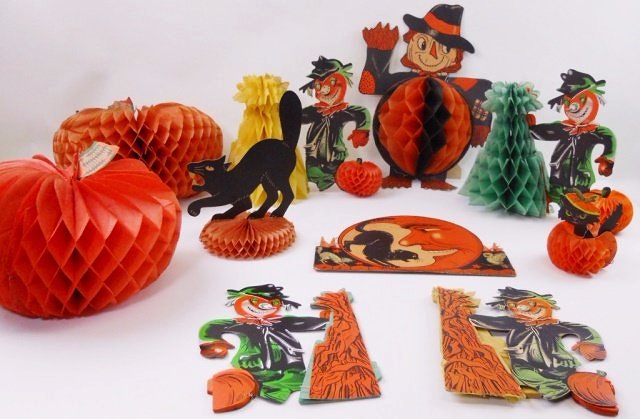 Vintage Halloween Honeycomb Decorations (10): Ten vintage Halloween honeycomb decorations by H.E. Luhrs, Ambassador, and two marked, "Made in Japan." Tears, creasses and consistent with age and use.