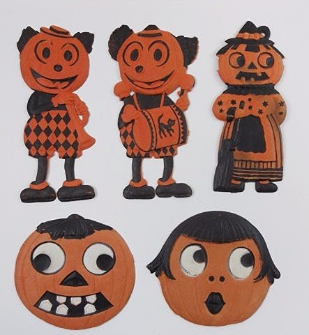 Vintage German Die Cut Halloween Decorations (5): Five vintage German embossed die cut cardboard Halloween decorations, circa 1920's-1930's. Largest measures 5" H.