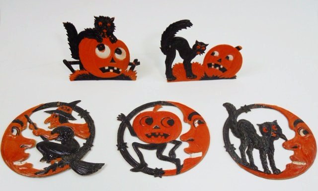 Vintage German Die Cut Halloween Decorations (5): Five vintage German embossed die cut cardboard Halloween decorations, circa 1920's - 1930's. The two cat and jack o'lantern items are standing decorations, stamped "782/50 Germany" in blue ink on reve