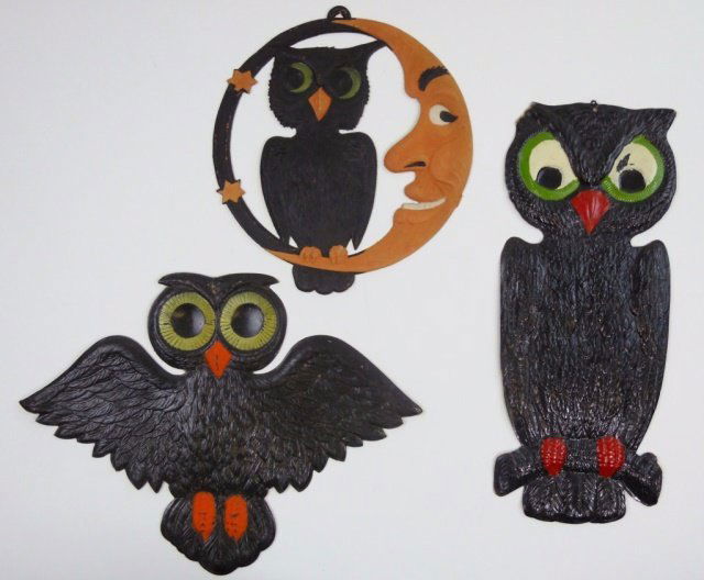 Vintage German Die Cut Halloween Decorations (3): Three vintage German embossed die cut cardboard Halloween decorations, circa 1920's - 1930's. Some loss, one owl missing left ear. Largest item measures 15.5" H