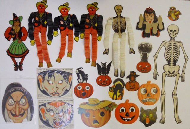 Vintage Halloween Decorations (20): Includes vintage honeycomb hanging decorations and two A.E. Diedrich Co. "Glow in The Dark" masks, in original packages, circa 1940's.
