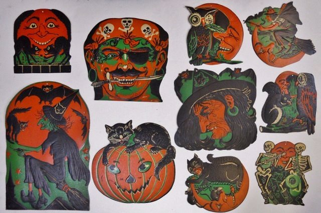 Vintage Beistle Halloween Decorations (10): Ten vintage Halloween decorations, marked "Beistle" or "H.E. Luhrs". Creases, wear consistent with age and use.