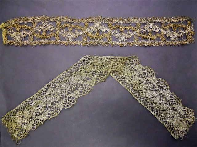 Antique Metallic Lace (2): Two lengths of antique metallic lace measuring 31.5" L and 24.5" L