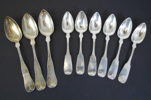 19th C. American Coin Silver Spoons, (9pc): Six matching coin silver spoons, signed "N. Harding", with hand engraved personalization, "H. Humphris Nov. 26th 1840" on reverse. Three matching serving spoons, signed "JONES BALL. & CO", with styliz
