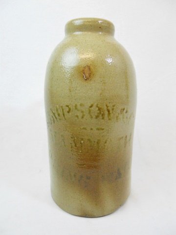 Antique Stoneware Advertising Jug, Thompson & Co: Antique stoneware advertising jug signed, "Thompson & Co's Mammoth Spring Water" on obverse. Measures 13" H