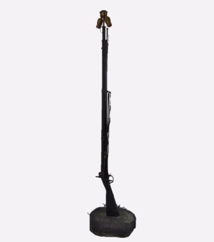 Whitney Model 1816 Musket Floor Lamp: Antique Whitney musket, electrified and mounted on wood base. Measures 64.25" H