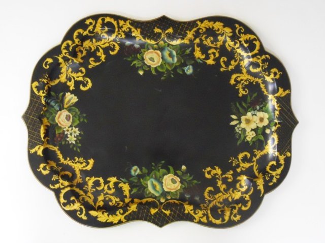 Antique Tole Tray, Hand Painted in Floral Motif: Large antique black metal painted tray in detailed hand painted floral decoration, mother-of-pearl inlay and gilt foliate design. Overall craquelure. Measures 21" H x 27" W