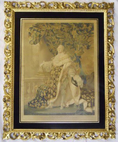 Antique Louis XVI and Marie Antoinette Engravings: Two hand colored engravings, under glass, in moulded gilt wood frames. The first image by Charles Clement Barvay (Bervic) depicts Louis XVI, titled, "Louis Sieze Roi des Francais, Restaurateur de Libe
