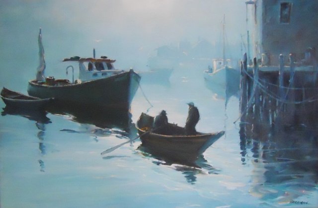 Painting, O/C, Edward Harrigan (1910-1987): Edward Harrigan (American, 1910-1987) - Rockport school oil on canvas painting, depicts fisherman in a misty morning harbor scene. Signed lower right corner "HARRIGAN". Set in whitewashed, distressed 