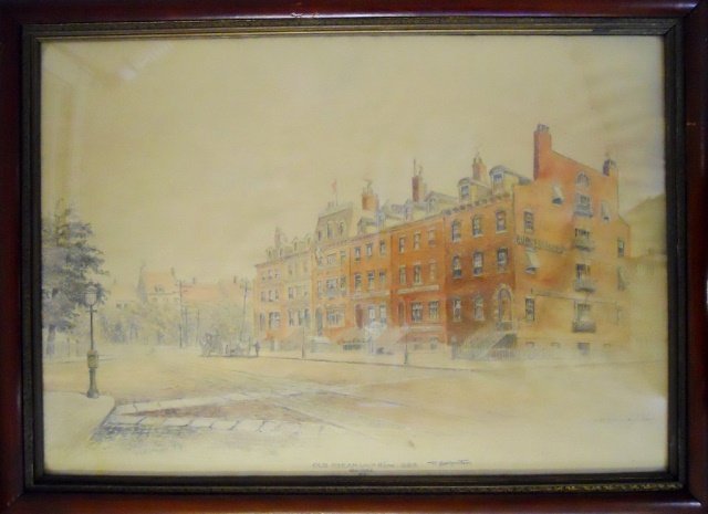 Watercolor, Frederick Leo Hunter (1858-1943), 1880: Frederick Leo Hunter (American, 1858-1943) Antique pencil and watercolor drawing on paper titled, "Old Steamship Row, 1880." Signed and dated in lower left corner, "F. Leo Hunter, 1880" with notation,