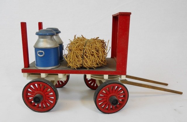 Vintage Ringling Bros. Model Circus Hand Cart: Hand crafted and painted small circus hand cart wagon, of wood construction. Measures approximately 6" H x 12" W x 3.75" D