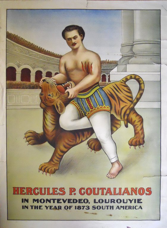 19th C. Stone Chromolithograph Poster: Antique original stone chromolithograph poster titled, "Hercules P. Coutalianos In Montevedeo Lourouyle In the Year of 1873 South America." Age tone, some foxing with edge chips and tears. Measures 28
