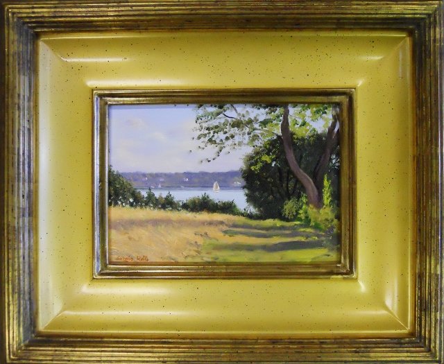Painting, Oil on Board, Sergio Roffo: Sergio Roffo (Italian / Massachusetts b. 1953) - Oil on board painting titled, " Path to the Shore." Artist signature lower left. Set in gilt wood frame. Image measures 5" H x 7" W. Frame measures 10"