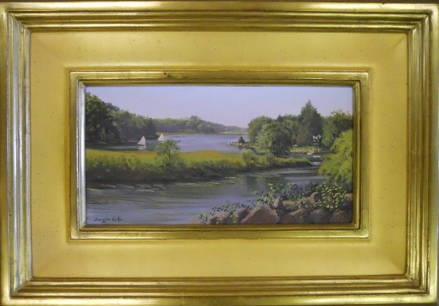 Painting, Oil on Canvas, Sergio Roffo: Sergio Roffo (Italian / Massachusetts b. 1953) - oil on canvas painting titled, "River View from Cove Rd." Artist signature lower left. Set in gilt wood frame. Image measures 8" H x 15" W. Frame measu