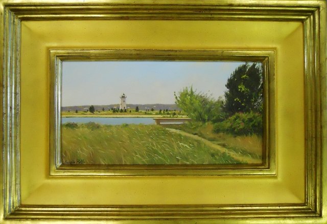 Painting, Oil on Board, Efgartown Light, Sergio Roffo: Sergio Roffo (Italian / Massachusetts b. 1953) - oil on board painting titled, "Edgartown Light". Artist signature lower left. Set in gilt wood frame. Image measures 8" H x 15" W. Frame measures 17" H