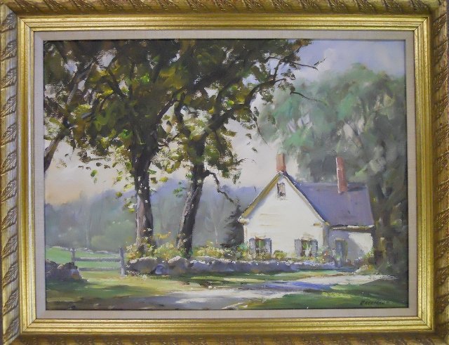 Painting, Oil on Canvas, Edward H. Harrigan: Edward H. Harrigan (American, 1910-1987) - oil on canvas painting of a cottage scene. Artist signature lower right. Set in gilt wood frame. Image measures 19" H x 25" W. Frame measures 22" H x 28" W.