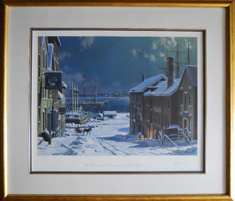 Lithograph, New Bedford, John Stobart: Color lithograph print, signed and numbered "606/950" by artist in pencil. Titled "NEW BEDFORD The view across to Fairhaven from Centre Street in 1884". Image measures 17.5" H x 22" W, Framed 27" H x