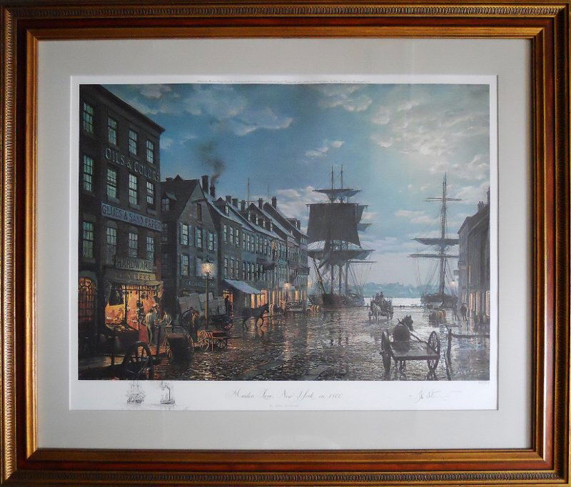 Lithograph, Maiden Lane New York, John Stobart: Color lithograph print, signed and numbered "705/750" by artist in pencil. Titled "Maiden Lane New York in 1800" Image measures, 23.5" H x 30" W. Framed 34" H x 40.5" W.