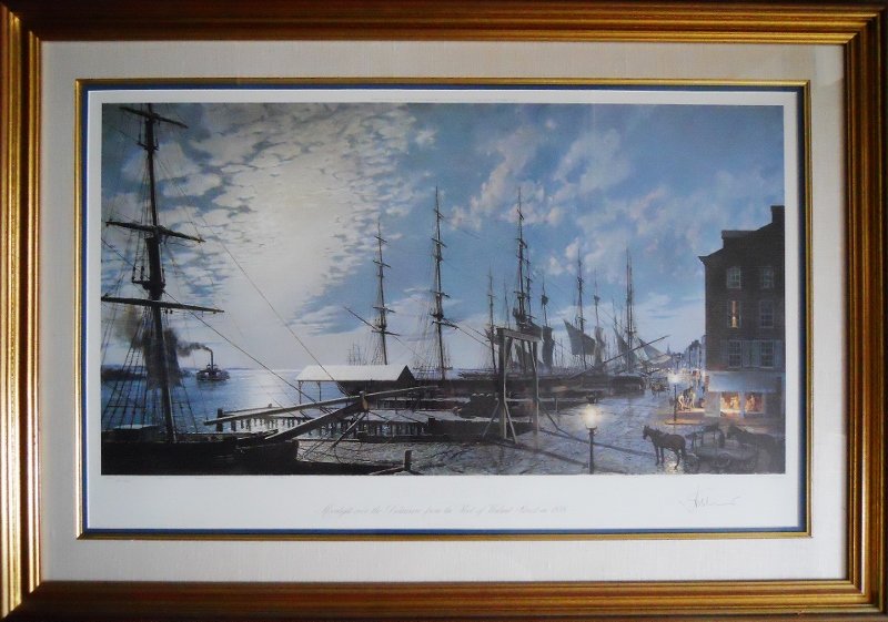 Lithograph, Philadelphia, John Stobart: Color lithograph print, signed and numbered "383/950" by artist in pencil. Titled "PHILADELPHIA Moonlight over the Delaware from the foot of Walnut Street in 1835". Image 21.5" H x 31" W. Framed 31.4"