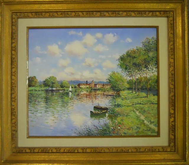 Painting, Oil on Canvas, Laurent Vialet: Laurent Vialet (French, b. 1967) - oil on canvas painting titled, "Moret sur Loing." Artist signature lower right. Set in gilt wood frame. Image measures 18" H x 22" W. Frame measures 27.5" H x 31" W.
