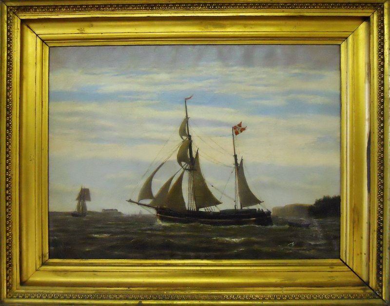 19th C. Painting Oil on Canvas, Danish School: Antique marine painting of two masted Denmark flagged vessel, with land and ships in background. Signed lower left corner "KEP". Reverse carries exhibit tag, "The Ship Model Society". Image measures 1