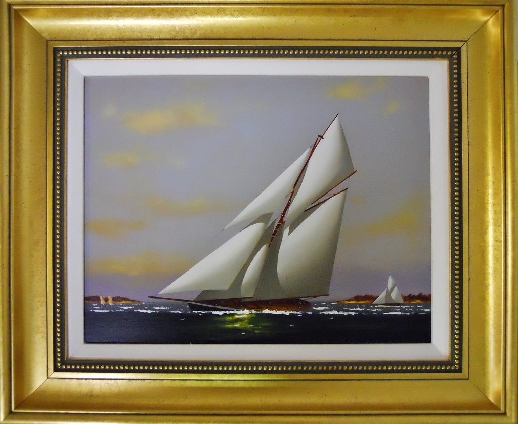 Oil on Canvas, Gaff-Rigged Yacht, Vernon Broe: Vernon George Broe (American, 1930-2011) - oil on canvas on board marine painting of a gaff-rigged yacht at full sail with distant views of Edgartown and Chappaquiddick in background. Artist signature