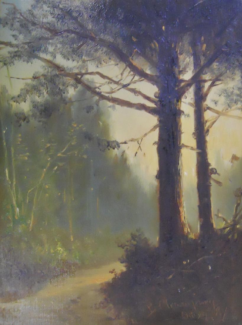 Oil on Artist Board, Benjamin Champney, Dated 1887: Benjamin Champney (American, 1817-1907) - Oil on artist board painting depicts the sun shining on a wooded path. Artist signature and date at lower right. Set in moulded gilt wood frame. Artwork measu