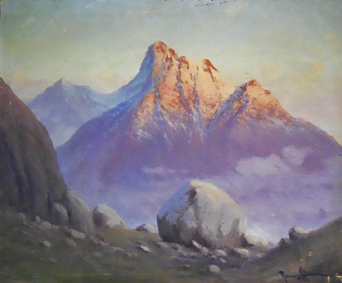 Oil on Canvas Painting, Benito Ramos Catalan: Benito Ramos Catalan (California, Chile, 1888-1961) - Unframed oil on canvas painting of a Chilean mountain range. Artist signature at lower right. Scattered areas of paint loss. Canvas measures 19" H