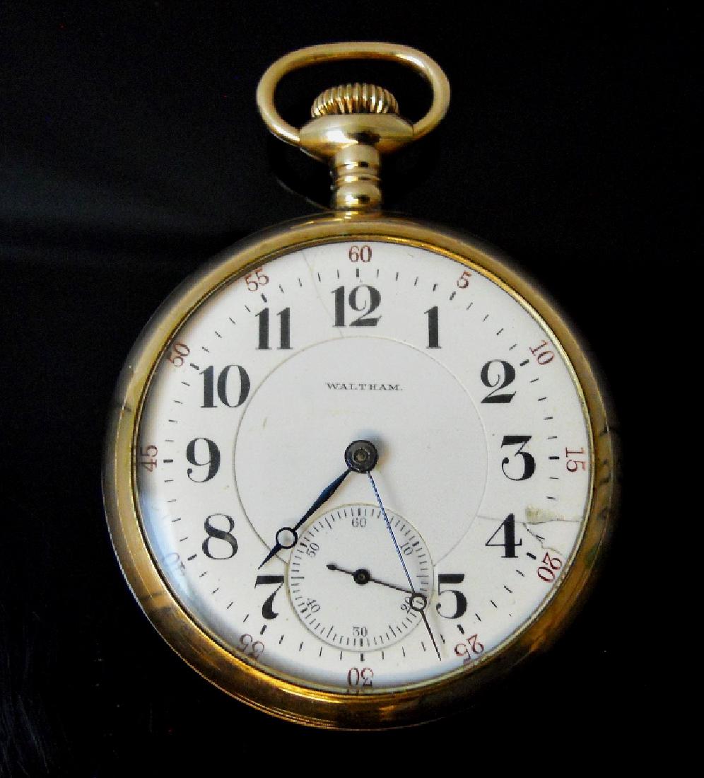 Railroad Grade 21-Jewel Pocket Watch, WALTHAM: Open face, stem wind railroad grade pocket watch. White enamel face with Arabic numeral radial dial with blued steel Brequet style hour and minute indicator hands with inset seconds dial, signed "WALT