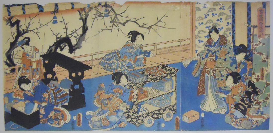 19th C. Japanese Ukiyo-e Print, Utagawa: Kunisada Utagawa [Toyokuni Ga] (Japanese, 1786-1868) - antique Edo period Japanese ukiyo-e woodblock print depicts female figures performing various duties in a okiya. Signature stamps consistent with