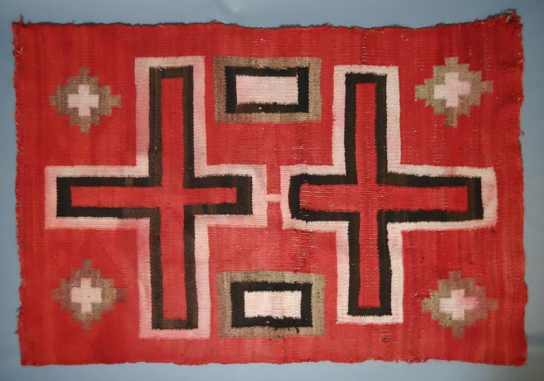 19th C. Hand Loomed Navajo Rug: 19th Century Navajo Ganado rug in Spider Woman cross design consisting of natural dyed wool fibers in red white, black and grey. Visible lazy lines, continuous wool warp with twisted side selvedge. Ar