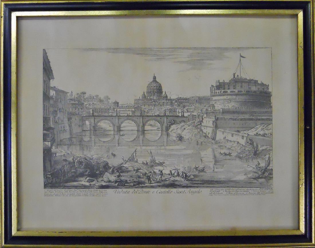 Two Intaglio Prints, Giovanni Battista Piranesi: Giovanni Battista Piranesi (Italian, 1720-1778) - two intaglio prints after Piranesi, titled, "Veduta del Romano Campidoglio.." and "Veduta del Ponte e Castello Sant'Angelo." "Ediz. PV" at bottom righ