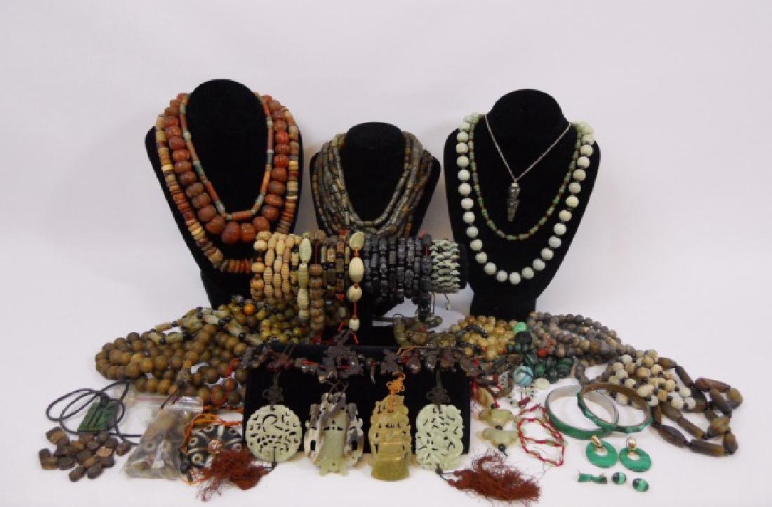 Natural and Semi Precious Stone Jewelry & Beads: Large collection of natural and semi precious stone jewelry, beads and findings to include: jade, malachite, agate, carnelian, jasper, antique loose carved scarab beads and Chinese brass beads.