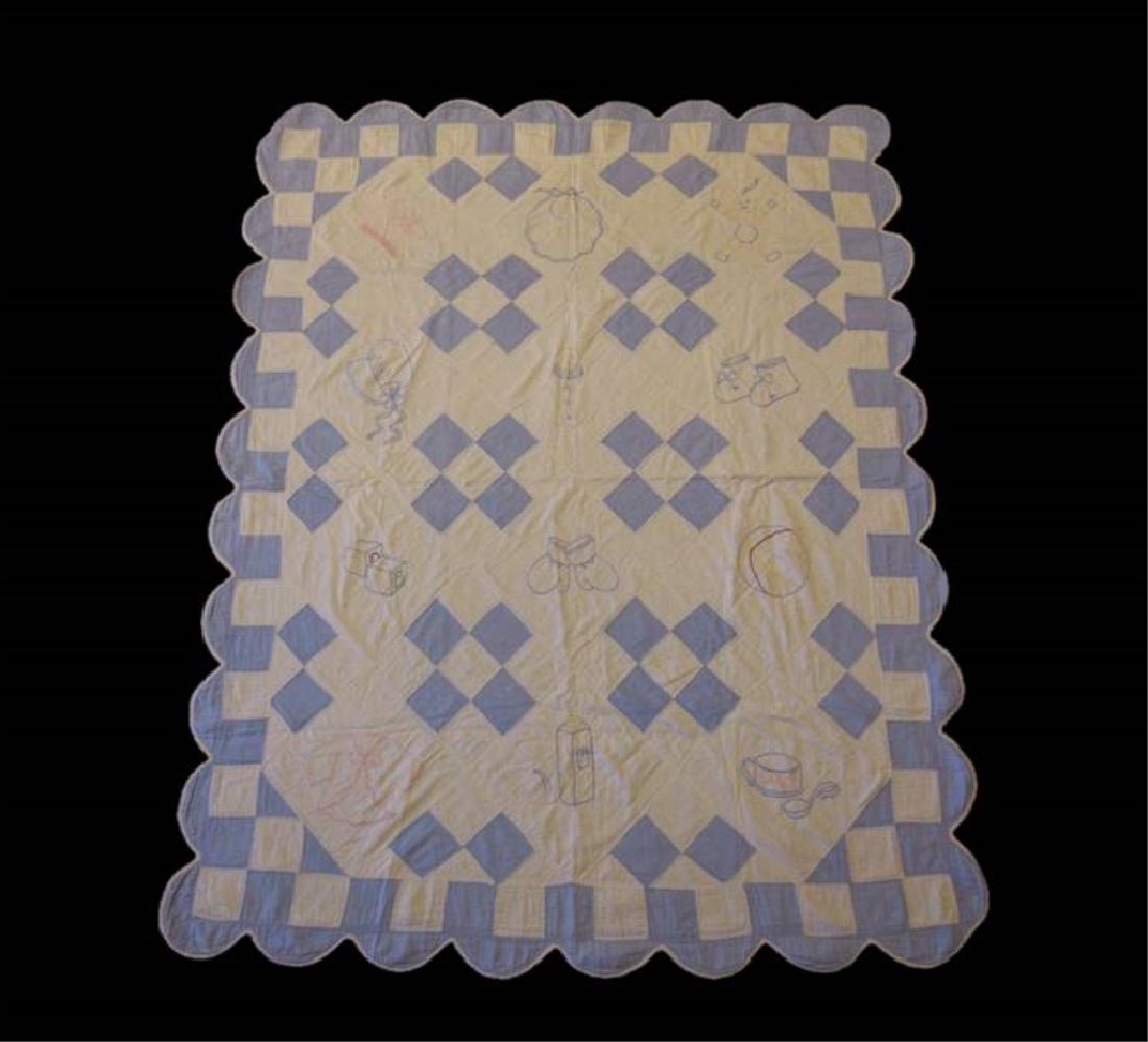 Applique & Embroidered Child's Quilts (4pc): Pieced blue and white embroidered Jacob's Ladder crib quilt. Measures: 44" x 57" . Green and white diagonal patterned child's quilt. Machine quilted. Measures: 42" x 52" Machine quilted with floral ap