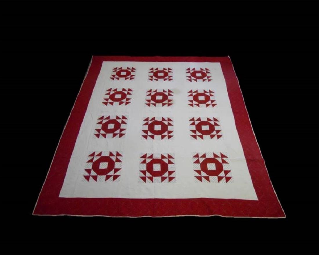 Antique Quilts 'Crown and Thorn', MO Estate (2pc): Red and white summer quilt, in "Crown and Thorns" pattern. Machine quilted. Multiple areas of staining. Measures: 76" x 95" Together with an applique rose summer quilt. Circa late 1800's. Signed on re