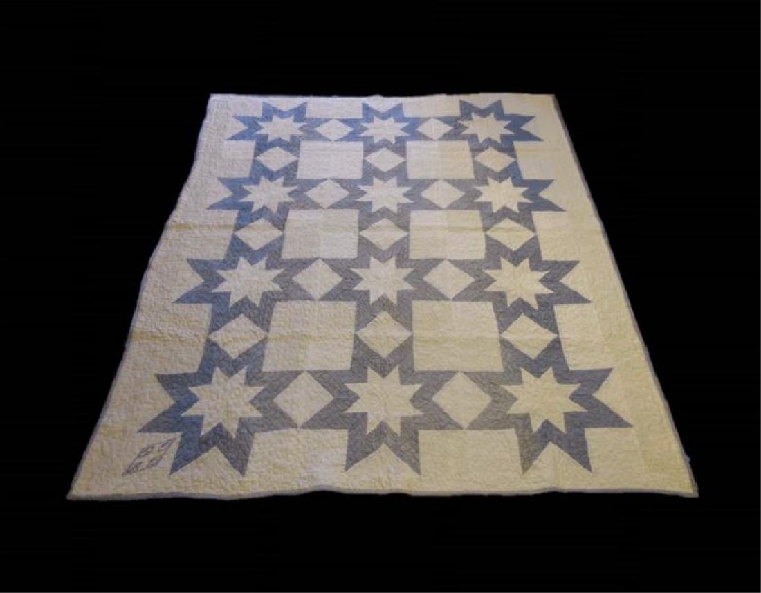 Vintage Ohio and Tennessee Estate Quilts (2pc): Well quilted floral embroidered sampler in blue and white from Ohio estate. Measures 73" x 82".Blue and white quilt in sateen fabric, initialed and dated, "HFC 1920." From Tennessee estate. Measures: