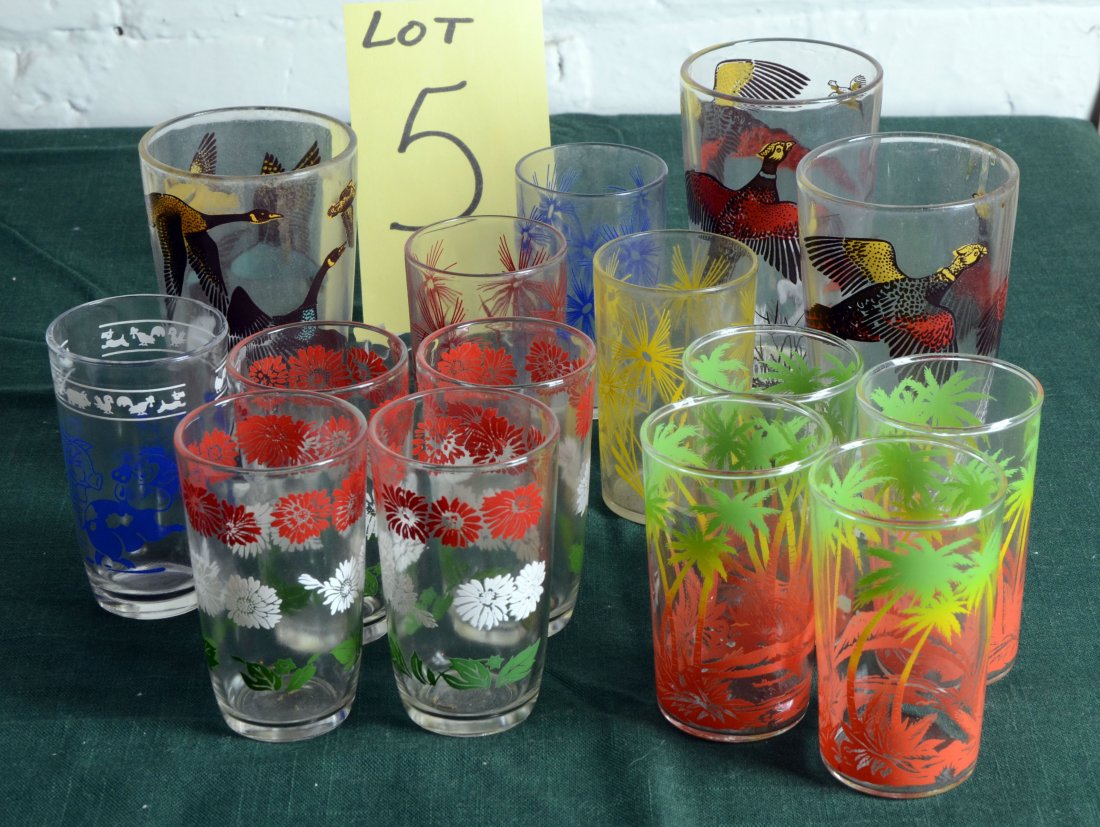 Swanky Swigs & Tumblers: A) 3 - 1950's Pheasant tall tumblers (5" tall)B)12 various patterned Swanky Swigs - including palm trees, flowers, bears (3.75" tall)