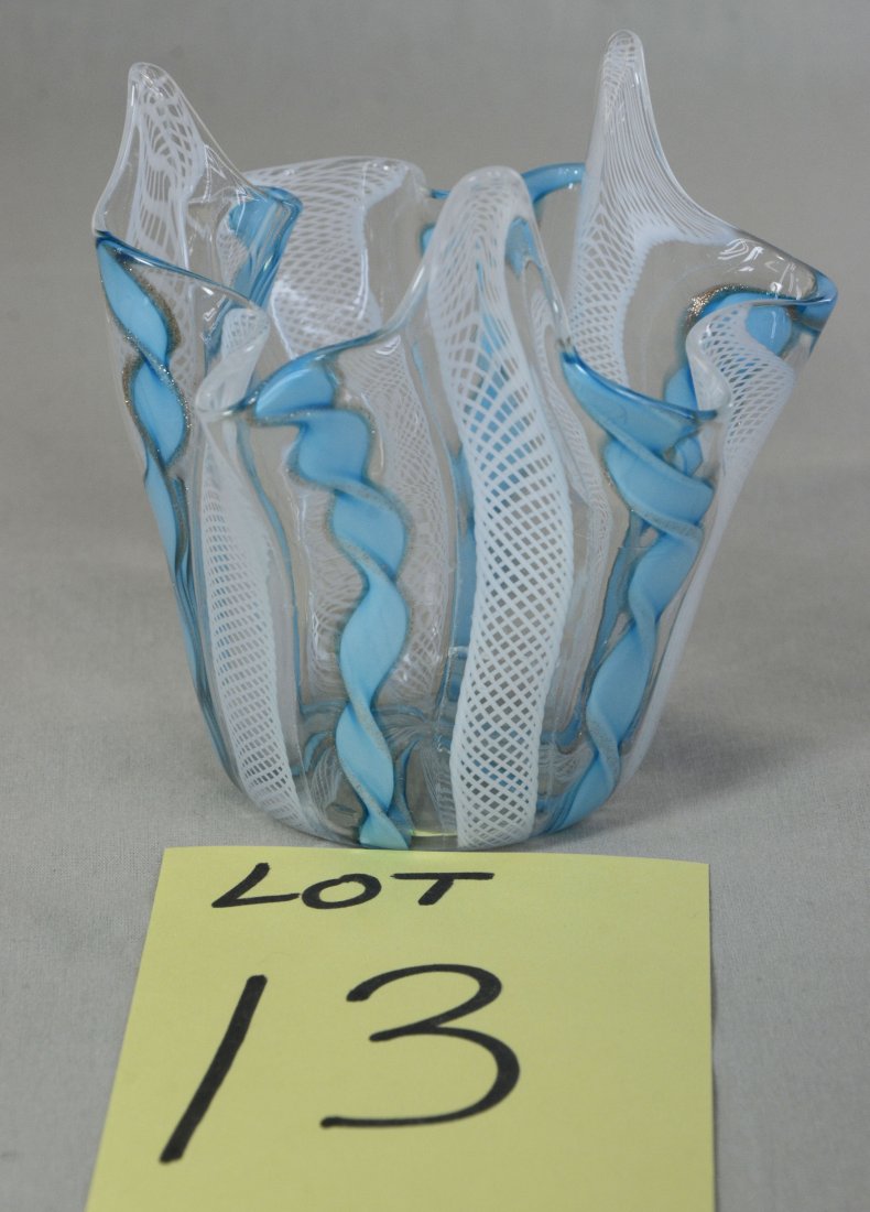 Latticino Venetian Sea Foam Blue Handkerchief Vase: Sea Foam Blue with white net and very light gold with clear latticino Venetian handkerchief vase.It is approximately 4.5" tall x 4" across.