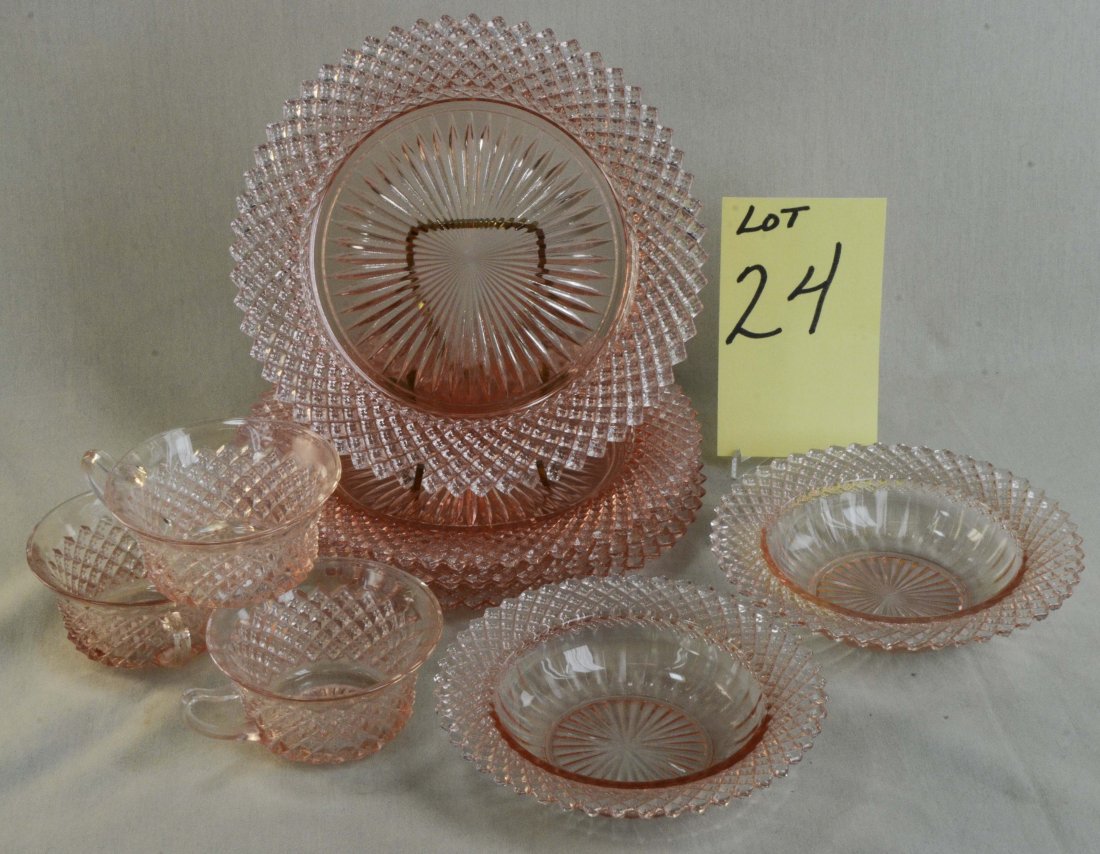 Pink Miss America Depression Glass Lot: 4 Pink Miss America Plates (8.5")2 Pink Miss America cereal bowls (6.5")3 Pink Miss America cups